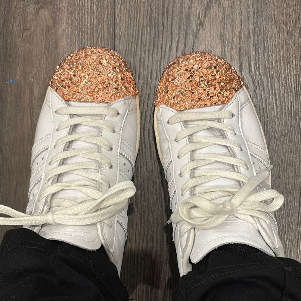 Adidas White and Rose Gold Glitter Sneakers 37